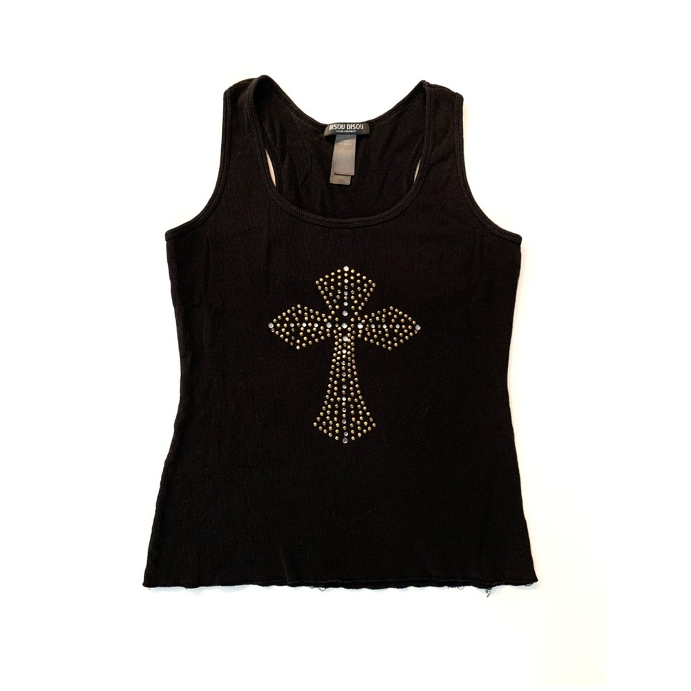 Bisou Bisou Rhinestone Embellished Gold Cross Black Ribbed Raw Hem Top
